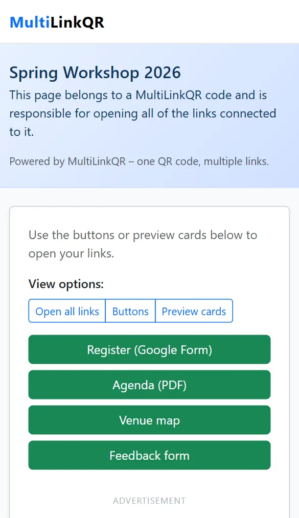 Phone screen of a multi-link QR code with buttons for a registration Google Form, agenda PDF, venue map and feedback form