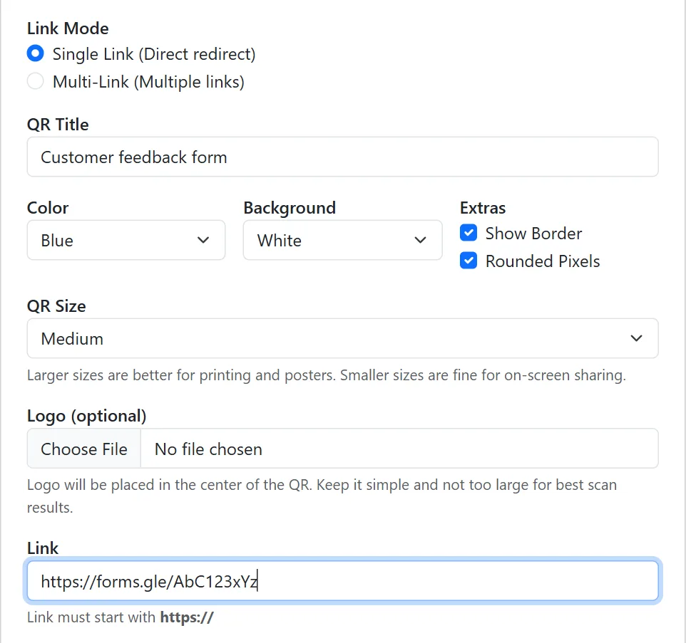 MultiLinkQR generator in Single Link mode with a Google Forms link and style options