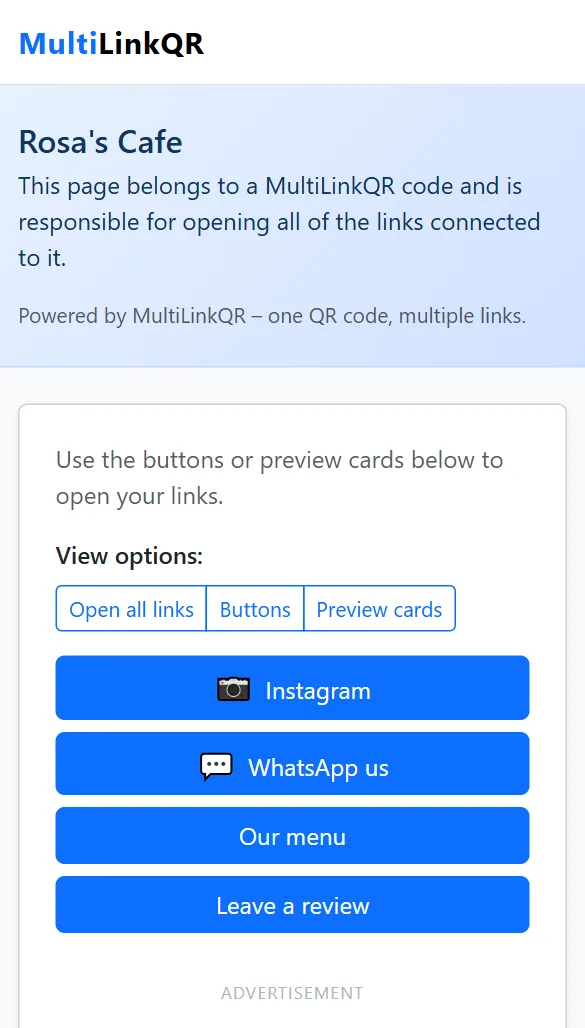 Phone screen after scanning a multi-link QR code, showing buttons for Instagram, WhatsApp, menu and reviews