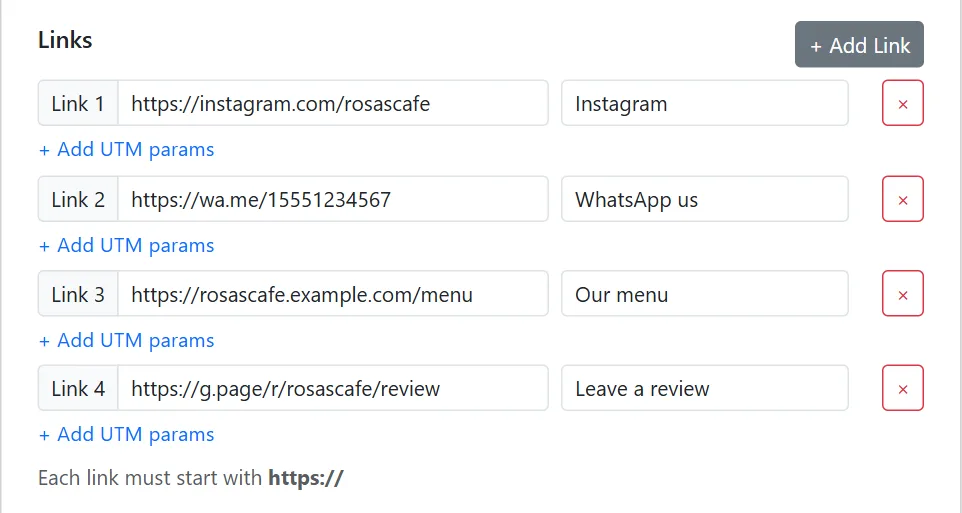 Four links added in the MultiLinkQR generator: Instagram, WhatsApp, menu and review page, each with a label