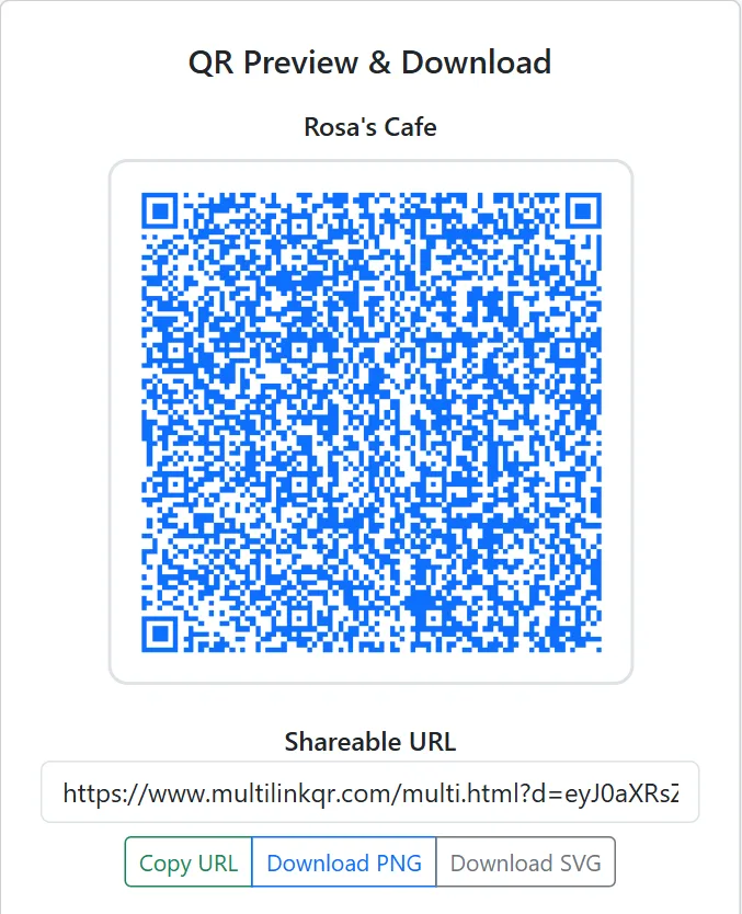Generated multi-link QR code with Copy URL, Download PNG and Download SVG buttons